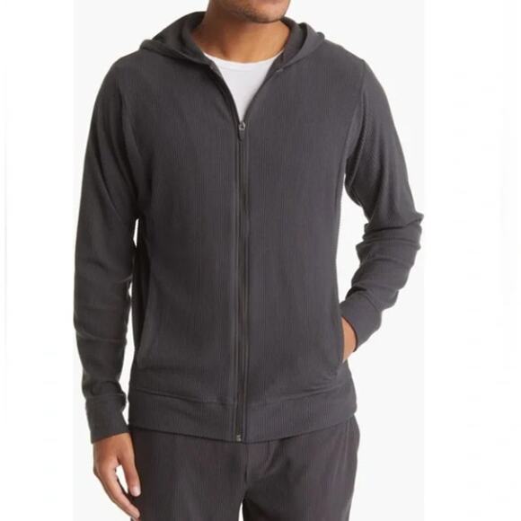 Tommy John Brushed Full Zip Ribbed Hooded Jacket Grey Phantom Men Med Loungewear - Picture 1 of 8